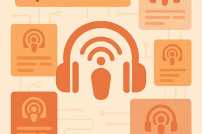„Abstrakte digitale Illustration einer Podcast-Suchmaschine: In der Mitte ein großes Podcast-Symbol mit Kopfhörern und Wellenlinien, umgeben von mehreren kleineren Kacheln mit Podcast-Icons und einer stilisierten Suchleiste.