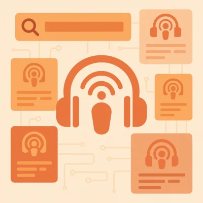 „Abstrakte digitale Illustration einer Podcast-Suchmaschine: In der Mitte ein großes Podcast-Symbol mit Kopfhörern und Wellenlinien, umgeben von mehreren kleineren Kacheln mit Podcast-Icons und einer stilisierten Suchleiste.