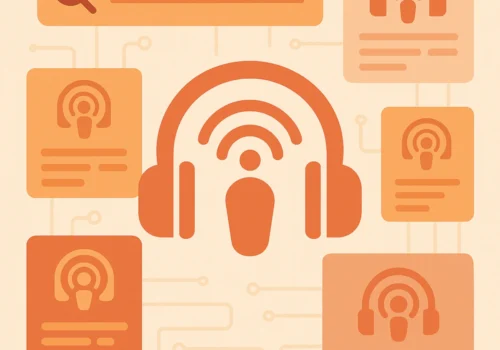 „Abstrakte digitale Illustration einer Podcast-Suchmaschine: In der Mitte ein großes Podcast-Symbol mit Kopfhörern und Wellenlinien, umgeben von mehreren kleineren Kacheln mit Podcast-Icons und einer stilisierten Suchleiste.