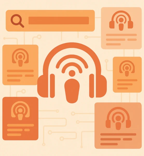 „Abstrakte digitale Illustration einer Podcast-Suchmaschine: In der Mitte ein großes Podcast-Symbol mit Kopfhörern und Wellenlinien, umgeben von mehreren kleineren Kacheln mit Podcast-Icons und einer stilisierten Suchleiste.