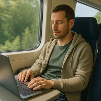 Ein junger Mann sitzt entspannt im modernen Zug an einem Fensterplatz und arbeitet konzentriert an seinem Laptop. Sonnenlicht fällt durch das Fenster auf ihn, während draußen grüne Landschaft vorbeizieht. Er trägt ein grünes T-Shirt und eine beige Kapuzenjacke, und die Szene vermittelt eine ruhige, produktive Atmosphäre.
