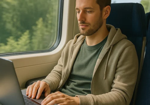 Ein junger Mann sitzt entspannt im modernen Zug an einem Fensterplatz und arbeitet konzentriert an seinem Laptop. Sonnenlicht fällt durch das Fenster auf ihn, während draußen grüne Landschaft vorbeizieht. Er trägt ein grünes T-Shirt und eine beige Kapuzenjacke, und die Szene vermittelt eine ruhige, produktive Atmosphäre.