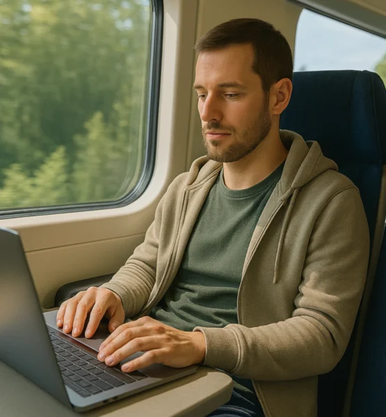 Ein junger Mann sitzt entspannt im modernen Zug an einem Fensterplatz und arbeitet konzentriert an seinem Laptop. Sonnenlicht fällt durch das Fenster auf ihn, während draußen grüne Landschaft vorbeizieht. Er trägt ein grünes T-Shirt und eine beige Kapuzenjacke, und die Szene vermittelt eine ruhige, produktive Atmosphäre.