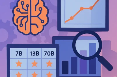 Ein abstraktes, futuristisches KI-Motiv mit stilisiertem Gehirn, Diagrammen, Datenfeldern und einer Lupe, die den Vergleich und die Analyse von KI-Modellen symbolisieren.