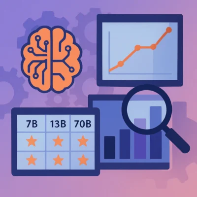 Ein abstraktes, futuristisches KI-Motiv mit stilisiertem Gehirn, Diagrammen, Datenfeldern und einer Lupe, die den Vergleich und die Analyse von KI-Modellen symbolisieren.