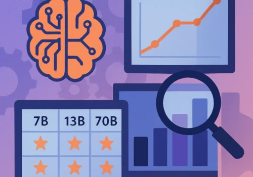 Ein abstraktes, futuristisches KI-Motiv mit stilisiertem Gehirn, Diagrammen, Datenfeldern und einer Lupe, die den Vergleich und die Analyse von KI-Modellen symbolisieren.