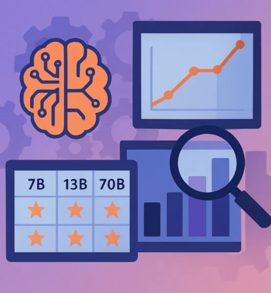 Ein abstraktes, futuristisches KI-Motiv mit stilisiertem Gehirn, Diagrammen, Datenfeldern und einer Lupe, die den Vergleich und die Analyse von KI-Modellen symbolisieren.