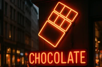 Eine leuchtend rote Neonreklame in Form einer Schokoladentafel mit dem Schriftzug „CHOCOLATE“ hängt an der Ecke eines Gebäudes in einer geschäftigen Innenstadt.