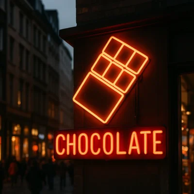 Eine leuchtend rote Neonreklame in Form einer Schokoladentafel mit dem Schriftzug „CHOCOLATE“ hängt an der Ecke eines Gebäudes in einer geschäftigen Innenstadt.