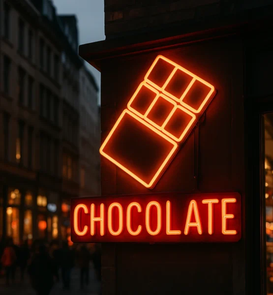 Eine leuchtend rote Neonreklame in Form einer Schokoladentafel mit dem Schriftzug „CHOCOLATE“ hängt an der Ecke eines Gebäudes in einer geschäftigen Innenstadt.