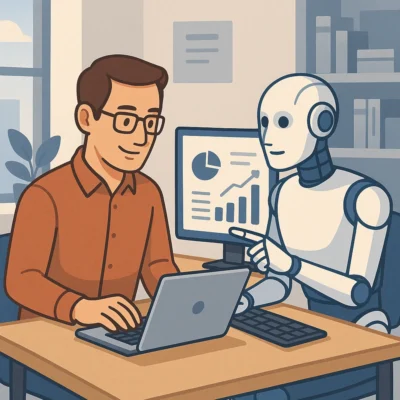 Ein stilisiertes, modernes Büro mit einem Menschen und einem humanoiden Roboter, die gemeinsam an einem Schreibtisch arbeiten. Der Mensch tippt auf einem Laptop, während der Roboter auf einen Bildschirm zeigt, auf dem Diagramme und Grafiken zu sehen sind.