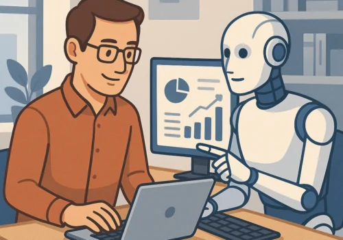 Ein stilisiertes, modernes Büro mit einem Menschen und einem humanoiden Roboter, die gemeinsam an einem Schreibtisch arbeiten. Der Mensch tippt auf einem Laptop, während der Roboter auf einen Bildschirm zeigt, auf dem Diagramme und Grafiken zu sehen sind.