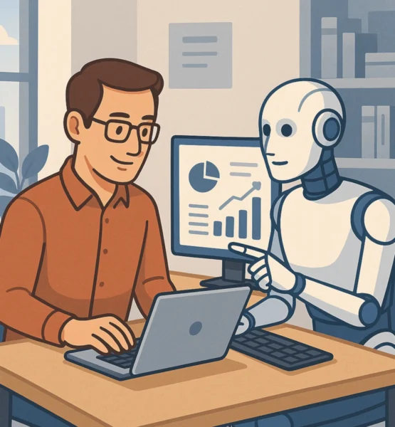 Ein stilisiertes, modernes Büro mit einem Menschen und einem humanoiden Roboter, die gemeinsam an einem Schreibtisch arbeiten. Der Mensch tippt auf einem Laptop, während der Roboter auf einen Bildschirm zeigt, auf dem Diagramme und Grafiken zu sehen sind.