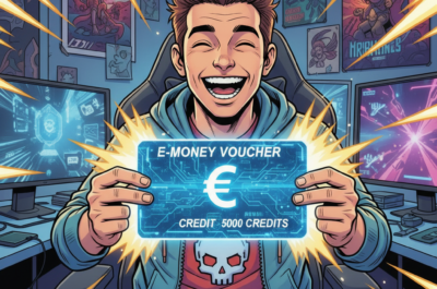 bild 1:1, Gamer, der einen E Money Voucher in beiden Händen hochhält und strahlt. Stil Comicbuch