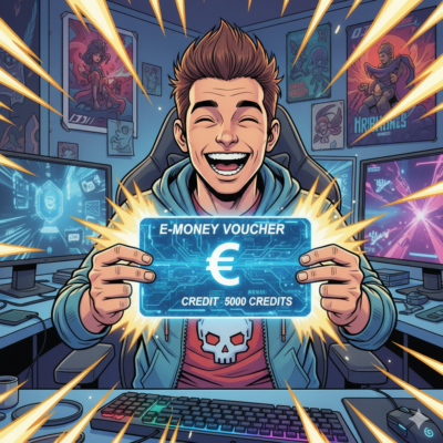 bild 1:1, Gamer, der einen E Money Voucher in beiden Händen hochhält und strahlt. Stil Comicbuch