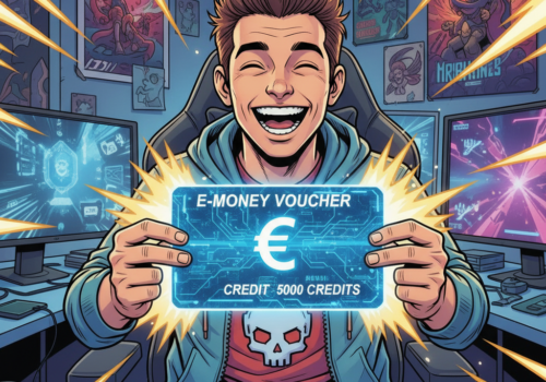 bild 1:1, Gamer, der einen E Money Voucher in beiden Händen hochhält und strahlt. Stil Comicbuch
