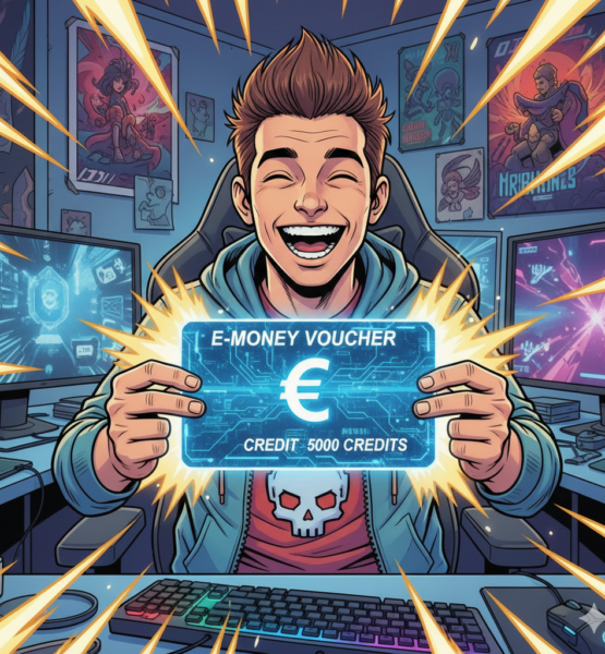bild 1:1, Gamer, der einen E Money Voucher in beiden Händen hochhält und strahlt. Stil Comicbuch