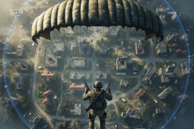 Anderes Bild, 1:1, PUBG, Soldat von oben zu sehen, dropt mit Fallschirm auf die Map von PUBG, die man in gänze im untergrund erkennen kann