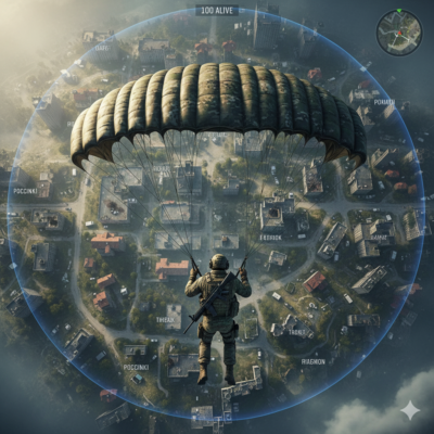 Anderes Bild, 1:1, PUBG, Soldat von oben zu sehen, dropt mit Fallschirm auf die Map von PUBG, die man in gänze im untergrund erkennen kann