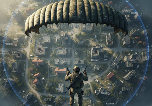 Anderes Bild, 1:1, PUBG, Soldat von oben zu sehen, dropt mit Fallschirm auf die Map von PUBG, die man in gänze im untergrund erkennen kann