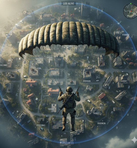 Anderes Bild, 1:1, PUBG, Soldat von oben zu sehen, dropt mit Fallschirm auf die Map von PUBG, die man in gänze im untergrund erkennen kann