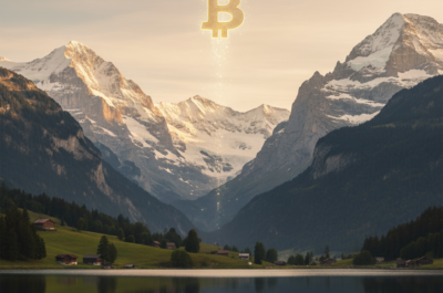 Bild 1:1, Schweizer Berge, Fotorealistisch, ein Bitcoin-Symbol, dass zwischen den bergen hinaufsteigt, ruhiges Bild