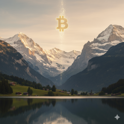 Bild 1:1, Schweizer Berge, Fotorealistisch, ein Bitcoin-Symbol, dass zwischen den bergen hinaufsteigt, ruhiges Bild