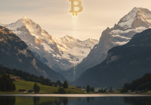 Bild 1:1, Schweizer Berge, Fotorealistisch, ein Bitcoin-Symbol, dass zwischen den bergen hinaufsteigt, ruhiges Bild
