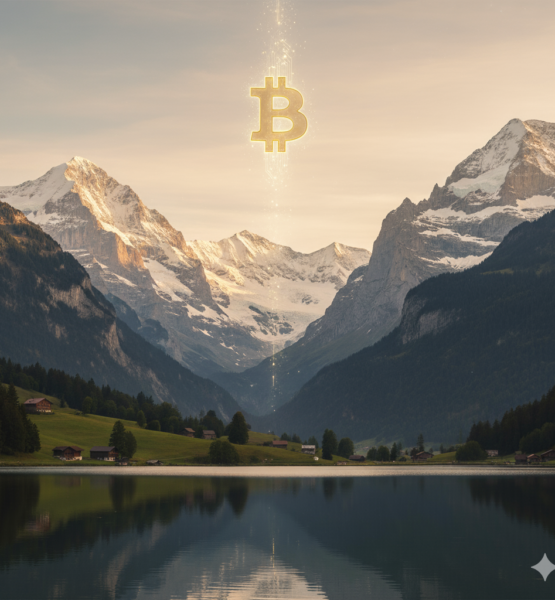 Bild 1:1, Schweizer Berge, Fotorealistisch, ein Bitcoin-Symbol, dass zwischen den bergen hinaufsteigt, ruhiges Bild