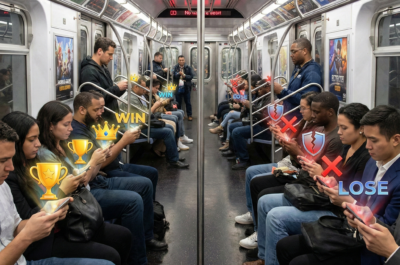 Bild 1:1, Mobile E Sports im Fokus der Darstellung. Eine Ubahn gefüllt mit Leuten die alle an ihren Smartphones hängen, sie quer halten und gebannt spielen. Aus den handys kommen repräsentative Symbole für den Erfolg oder Misserfolg des Spiels das sie speielen