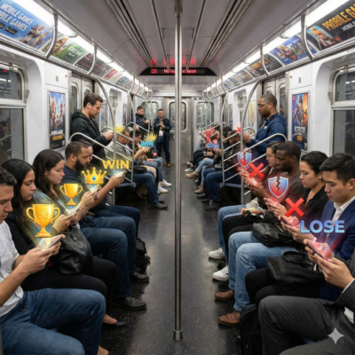 Bild 1:1, Mobile E Sports im Fokus der Darstellung. Eine Ubahn gefüllt mit Leuten die alle an ihren Smartphones hängen, sie quer halten und gebannt spielen. Aus den handys kommen repräsentative Symbole für den Erfolg oder Misserfolg des Spiels das sie speielen