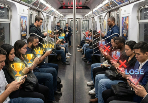 Bild 1:1, Mobile E Sports im Fokus der Darstellung. Eine Ubahn gefüllt mit Leuten die alle an ihren Smartphones hängen, sie quer halten und gebannt spielen. Aus den handys kommen repräsentative Symbole für den Erfolg oder Misserfolg des Spiels das sie speielen