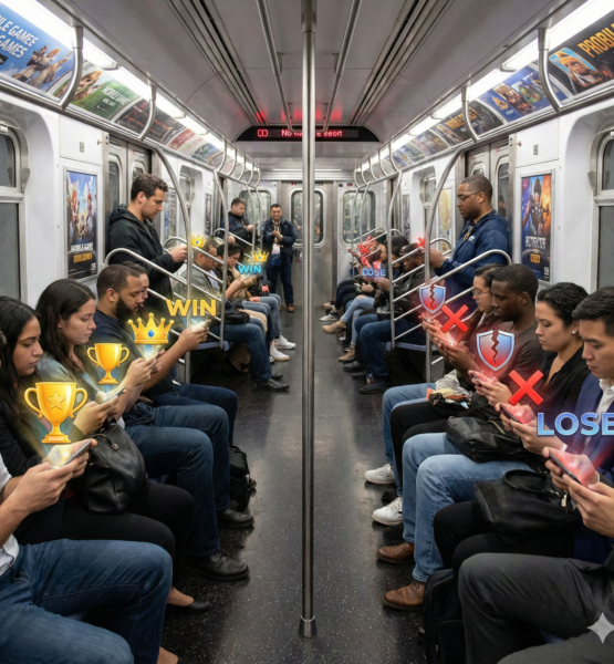 Bild 1:1, Mobile E Sports im Fokus der Darstellung. Eine Ubahn gefüllt mit Leuten die alle an ihren Smartphones hängen, sie quer halten und gebannt spielen. Aus den handys kommen repräsentative Symbole für den Erfolg oder Misserfolg des Spiels das sie speielen