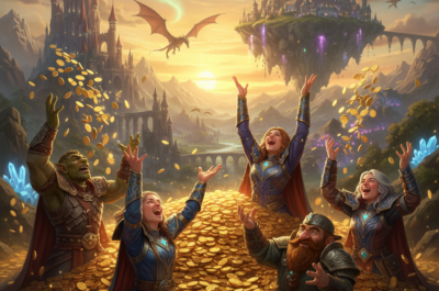 Bild 1:1, MMORPG, Charaktere Baden in goldenen Münzen, werfen sie freudig über ihre Köpfe, hintergrund die Fantasie welt