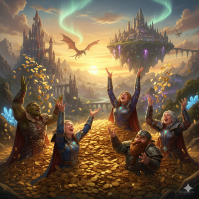 Bild 1:1, MMORPG, Charaktere Baden in goldenen Münzen, werfen sie freudig über ihre Köpfe, hintergrund die Fantasie welt