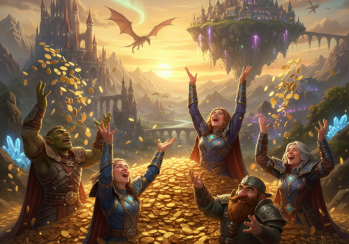 Bild 1:1, MMORPG, Charaktere Baden in goldenen Münzen, werfen sie freudig über ihre Köpfe, hintergrund die Fantasie welt