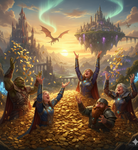 Bild 1:1, MMORPG, Charaktere Baden in goldenen Münzen, werfen sie freudig über ihre Köpfe, hintergrund die Fantasie welt