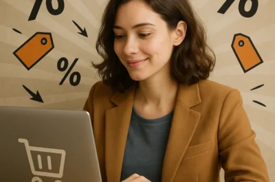 Eine junge Frau sitzt entspannt an einem Tisch und schaut lächelnd auf ihren Laptop. Sie trägt einen camelbraunen Blazer und hat braune, schulterlange Haare. Hinter ihr sind grafische Prozent- und Rabatt-Symbole im Hintergrund zu sehen