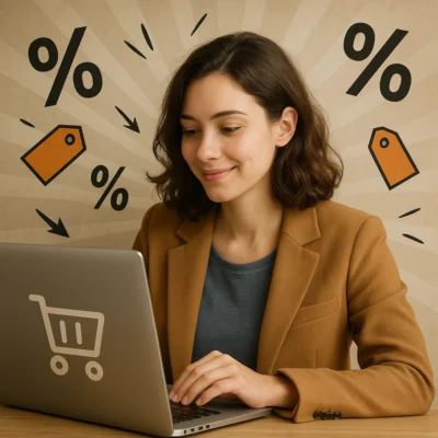 Eine junge Frau sitzt entspannt an einem Tisch und schaut lächelnd auf ihren Laptop. Sie trägt einen camelbraunen Blazer und hat braune, schulterlange Haare. Hinter ihr sind grafische Prozent- und Rabatt-Symbole im Hintergrund zu sehen