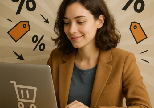 Eine junge Frau sitzt entspannt an einem Tisch und schaut lächelnd auf ihren Laptop. Sie trägt einen camelbraunen Blazer und hat braune, schulterlange Haare. Hinter ihr sind grafische Prozent- und Rabatt-Symbole im Hintergrund zu sehen
