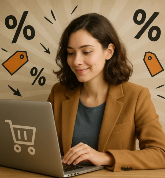 Eine junge Frau sitzt entspannt an einem Tisch und schaut lächelnd auf ihren Laptop. Sie trägt einen camelbraunen Blazer und hat braune, schulterlange Haare. Hinter ihr sind grafische Prozent- und Rabatt-Symbole im Hintergrund zu sehen