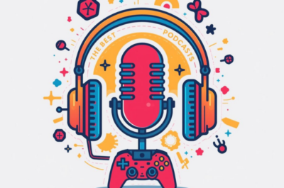 Illustration eines großen, retro-inspirierten Mikrofons, das von zwei überdimensionalen Kopfhörern umgeben ist. Unter dem Mikrofon befindet sich ein bunter Gaming-Controller. Rundherum sind verspielte Symbole wie Sterne, Pixel-Icons, Kreise und abstrakte Formen verteilt. Farben dominieren in Rot, Blau und Gelb. Oben steht „The Best Gaming-Podcasts“.
