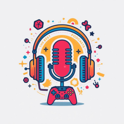 Illustration eines großen, retro-inspirierten Mikrofons, das von zwei überdimensionalen Kopfhörern umgeben ist. Unter dem Mikrofon befindet sich ein bunter Gaming-Controller. Rundherum sind verspielte Symbole wie Sterne, Pixel-Icons, Kreise und abstrakte Formen verteilt. Farben dominieren in Rot, Blau und Gelb. Oben steht „The Best Gaming-Podcasts“.