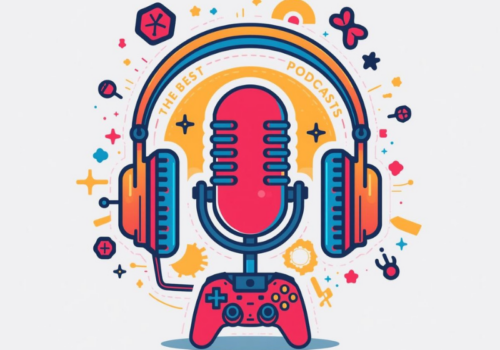 Illustration eines großen, retro-inspirierten Mikrofons, das von zwei überdimensionalen Kopfhörern umgeben ist. Unter dem Mikrofon befindet sich ein bunter Gaming-Controller. Rundherum sind verspielte Symbole wie Sterne, Pixel-Icons, Kreise und abstrakte Formen verteilt. Farben dominieren in Rot, Blau und Gelb. Oben steht „The Best Gaming-Podcasts“.