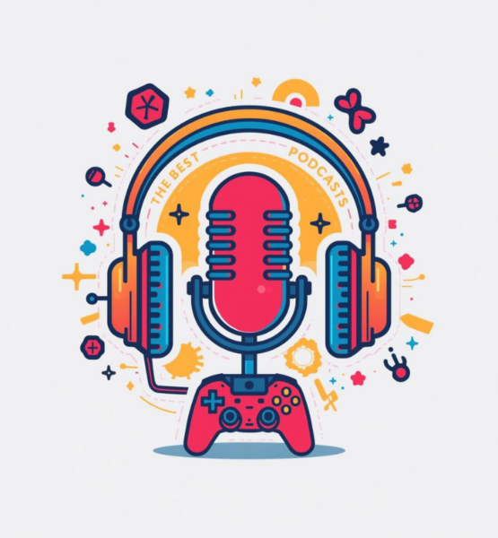 Illustration eines großen, retro-inspirierten Mikrofons, das von zwei überdimensionalen Kopfhörern umgeben ist. Unter dem Mikrofon befindet sich ein bunter Gaming-Controller. Rundherum sind verspielte Symbole wie Sterne, Pixel-Icons, Kreise und abstrakte Formen verteilt. Farben dominieren in Rot, Blau und Gelb. Oben steht „The Best Gaming-Podcasts“.