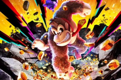 Keyart von Donkey Kong Bananza, auf dem Donkey Kong mit bloßer Hand ein Loch in den Boden schlägt.
