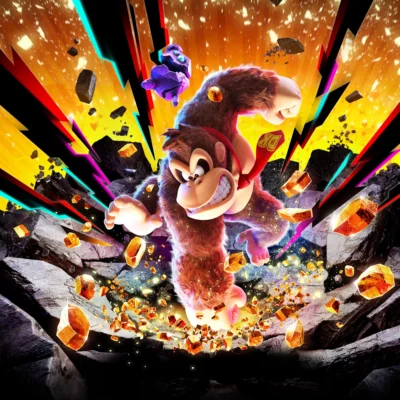 Keyart von Donkey Kong Bananza, auf dem Donkey Kong mit bloßer Hand ein Loch in den Boden schlägt.