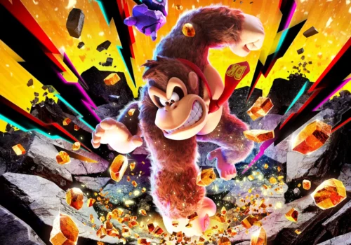 Keyart von Donkey Kong Bananza, auf dem Donkey Kong mit bloßer Hand ein Loch in den Boden schlägt.