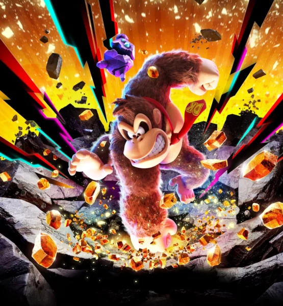 Keyart von Donkey Kong Bananza, auf dem Donkey Kong mit bloßer Hand ein Loch in den Boden schlägt.