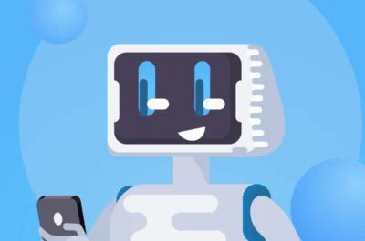 Ein comic-hafter Roboter schaut auf sein Smartphone und freut sich offenbar.